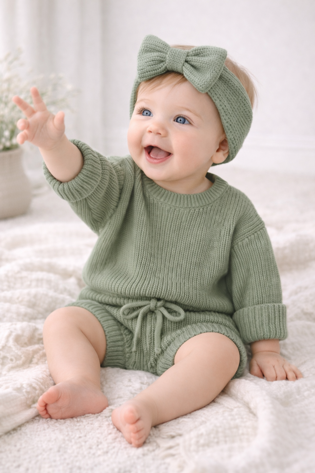 Organic Cotton Knit Sweater & Shorts Set - Sage Green - Sprout & Fawn