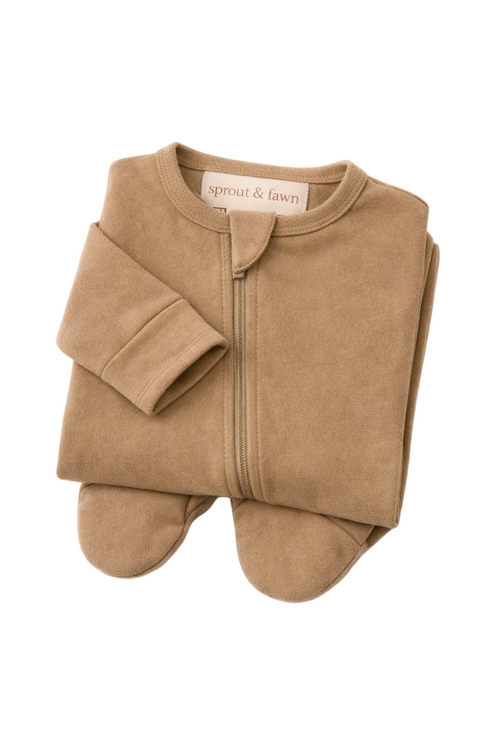 Bamboo Zip Footie - Sandstone - Sprout & Fawn