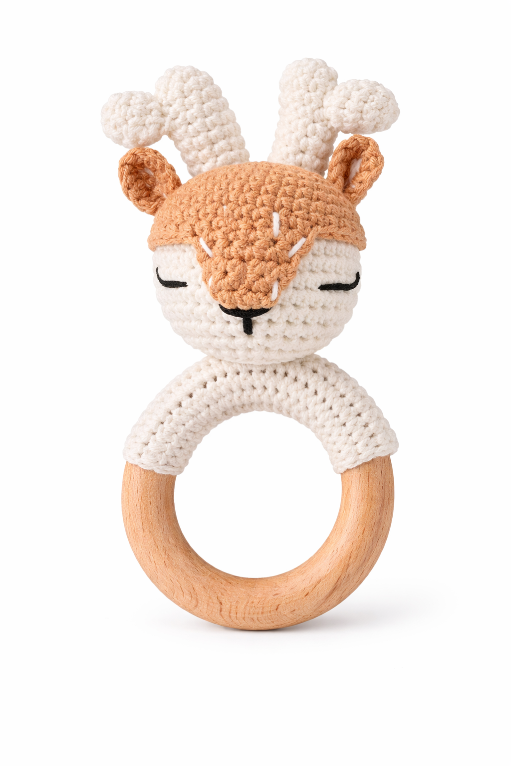 Crochet Deer Baby Rattle – Wooden Teether Ring - Sprout & Fawn