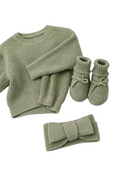 Cozy Sage Knit Baby Outfit Set – Sweater, Booties & Headband - Sprout & Fawn
