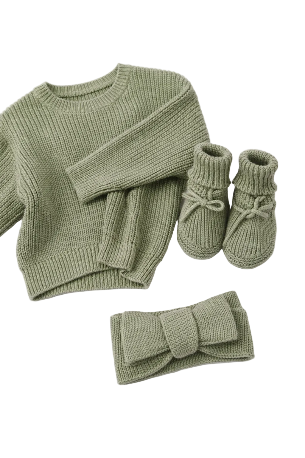 Cozy Sage Knit Baby Outfit Set – Sweater, Booties & Headband - Sprout & Fawn