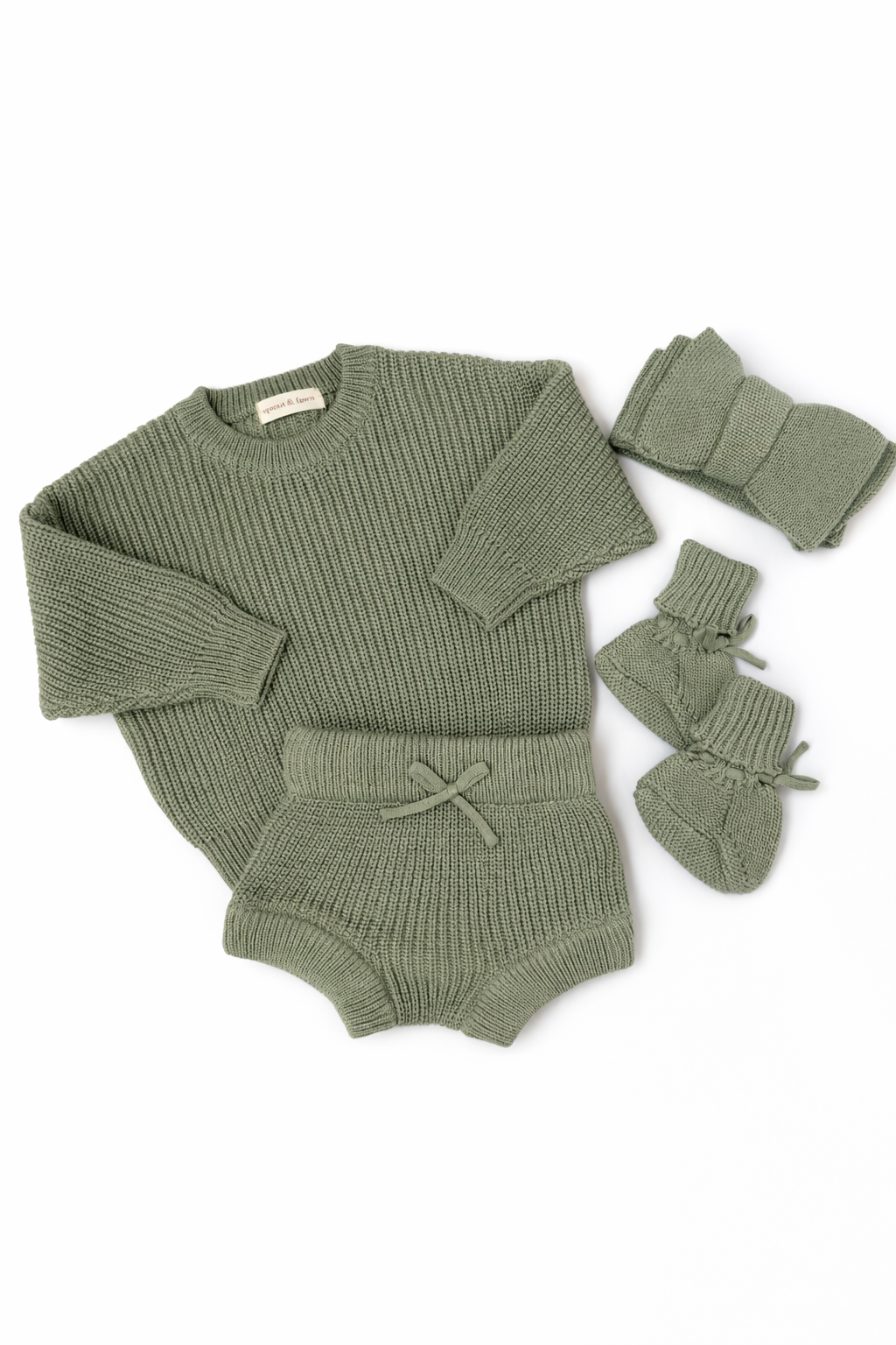 Sage Green Cozy Knit Complete Outfit Set - Bow - Sprout & Fawn
