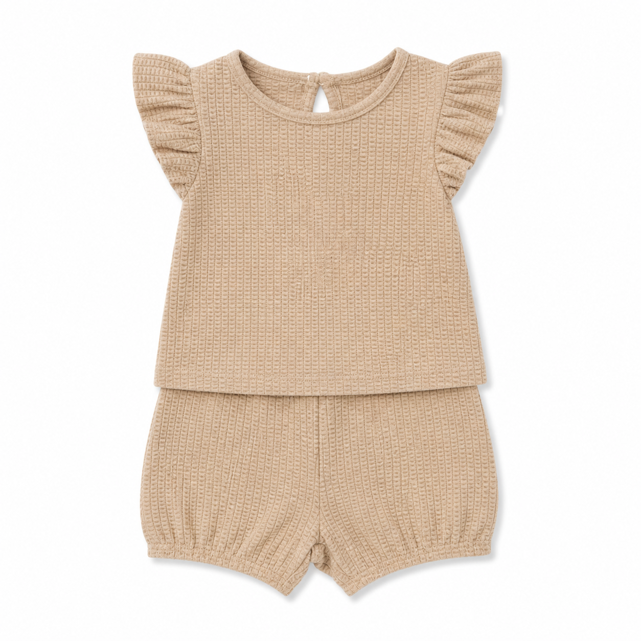 Sprout & Fawn sandstone waffle lounge set featuring a relaxed fit with a matching top and pants in soft, textured fabric.