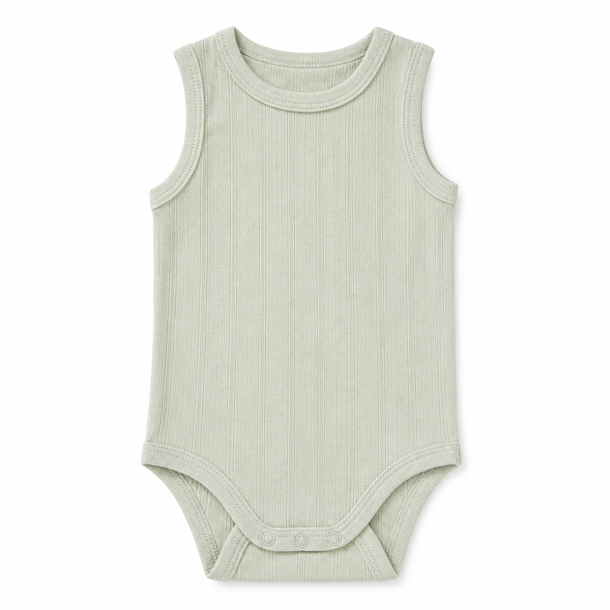 Sprout & Fawn Sage Essential Bodysuit displayed on a hanger, featuring a fitted design with snap closures at the bottom.