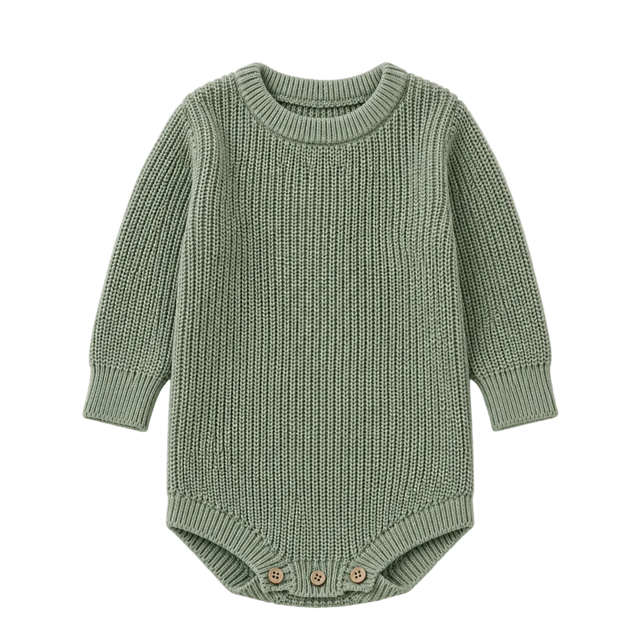 Sprout & Fawn Sage Waffle Knit Romper for infants, featuring long sleeves and a cozy, textured waffle fabric.
