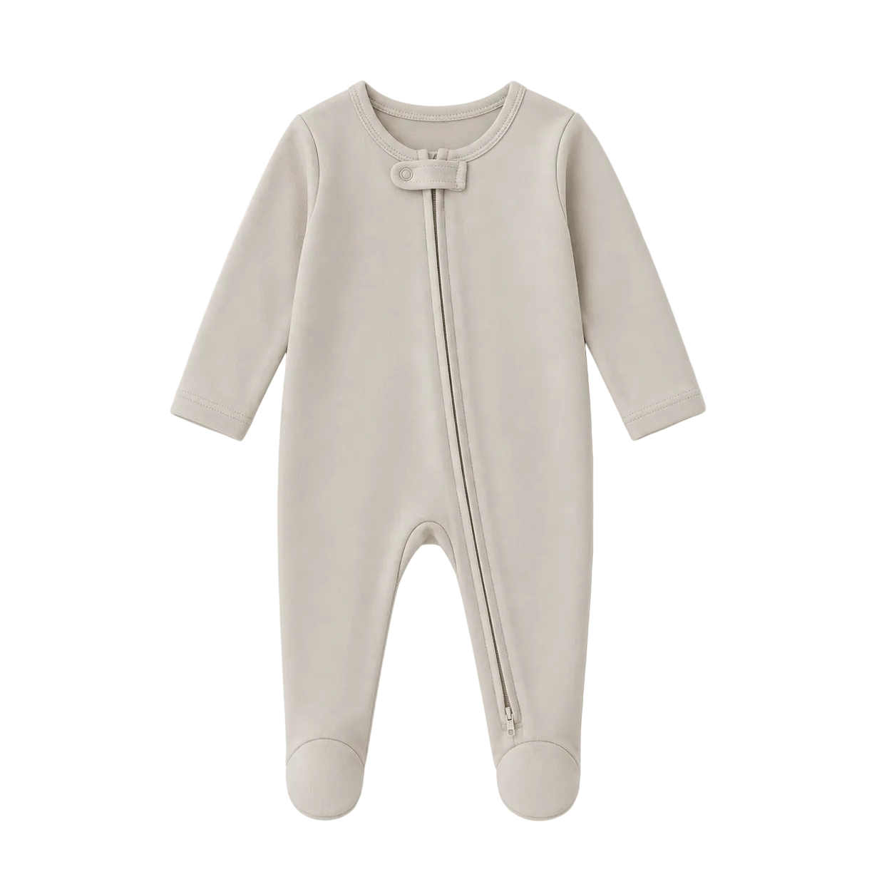 Sprout & Fawn The Sand Zip Sleeper in soft, neutral fabric, featuring a front zipper and cozy design for babies.