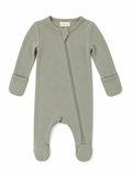 Sprout & Fawn Bamboo Zip Footie in sage green, soft fabric with zipper closure, designed for comfortable baby wear.