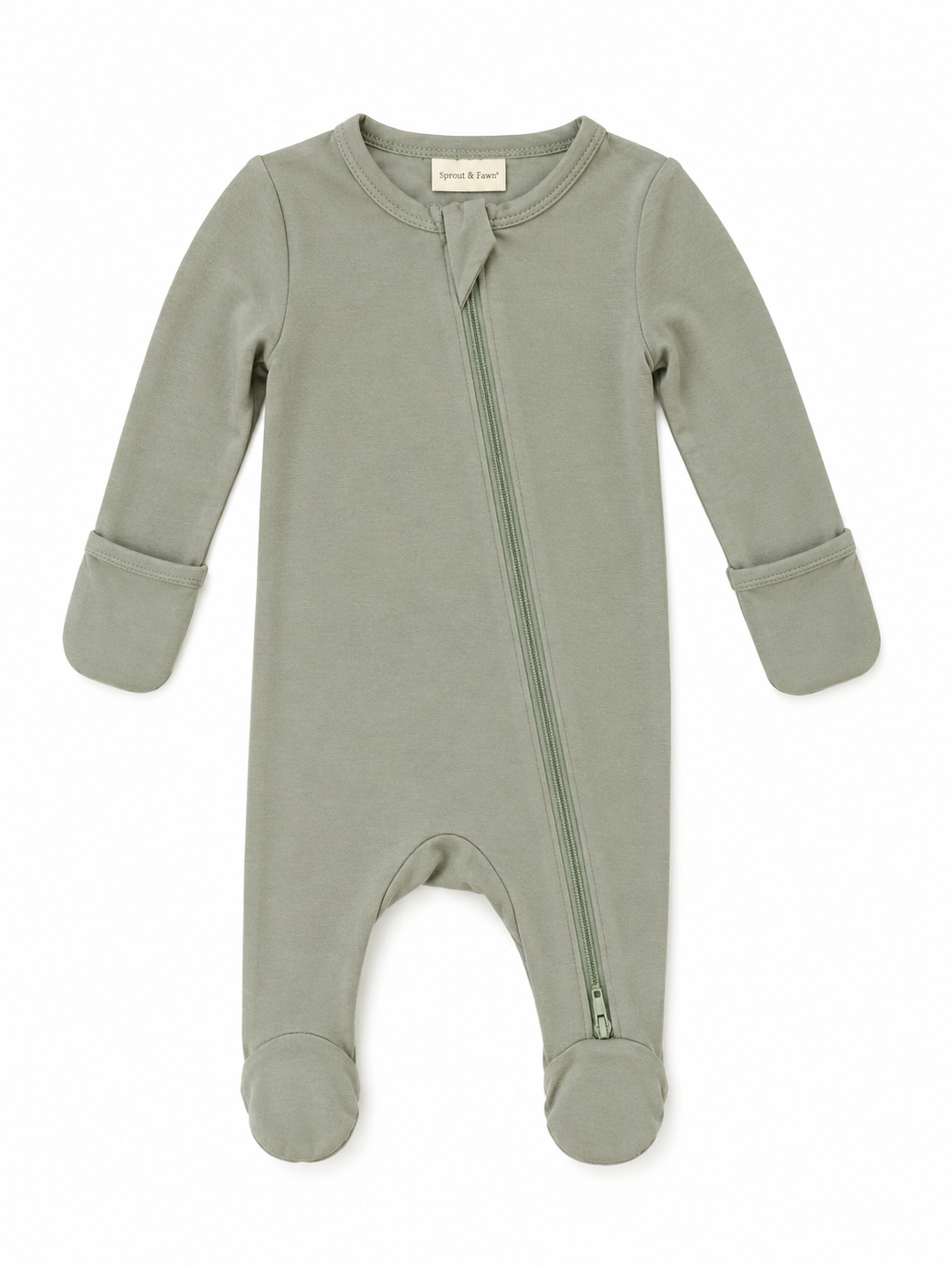 Sprout & Fawn Bamboo Zip Footie in sage green, soft fabric with zipper closure, designed for comfortable baby wear.