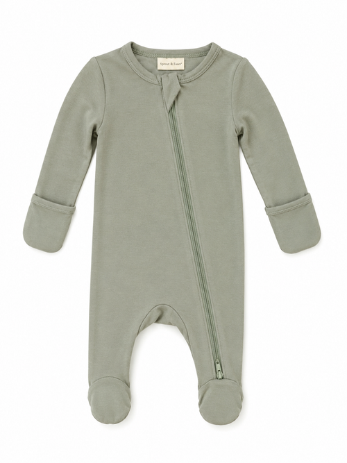 Sprout & Fawn Bamboo Zip Footie in sage green, soft fabric with zipper closure, designed for comfortable baby wear.