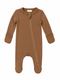 Sprout & Fawn Bamboo Zip Footie in Sandstone, soft and cozy baby onesie with zipper closure, made from sustainable bamboo fabric.