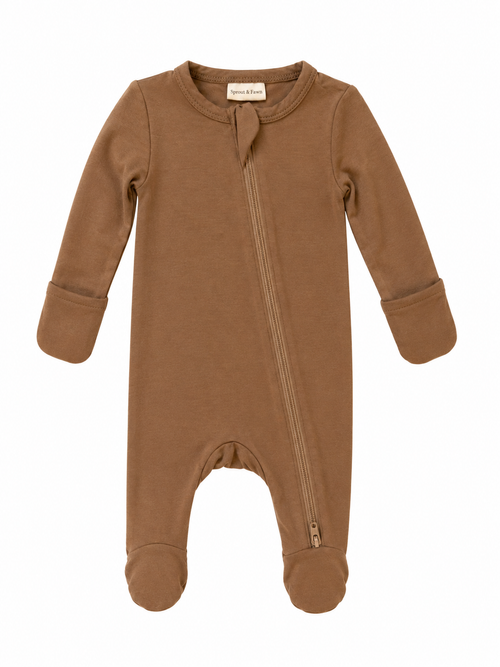 Sprout & Fawn Bamboo Zip Footie in Sandstone, soft and cozy baby onesie with zipper closure, made from sustainable bamboo fabric.