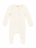 Sprout & Fawn Bamboo Zip Footie in vanilla cream, showing soft, cozy fabric with front zipper and long sleeves for babies.