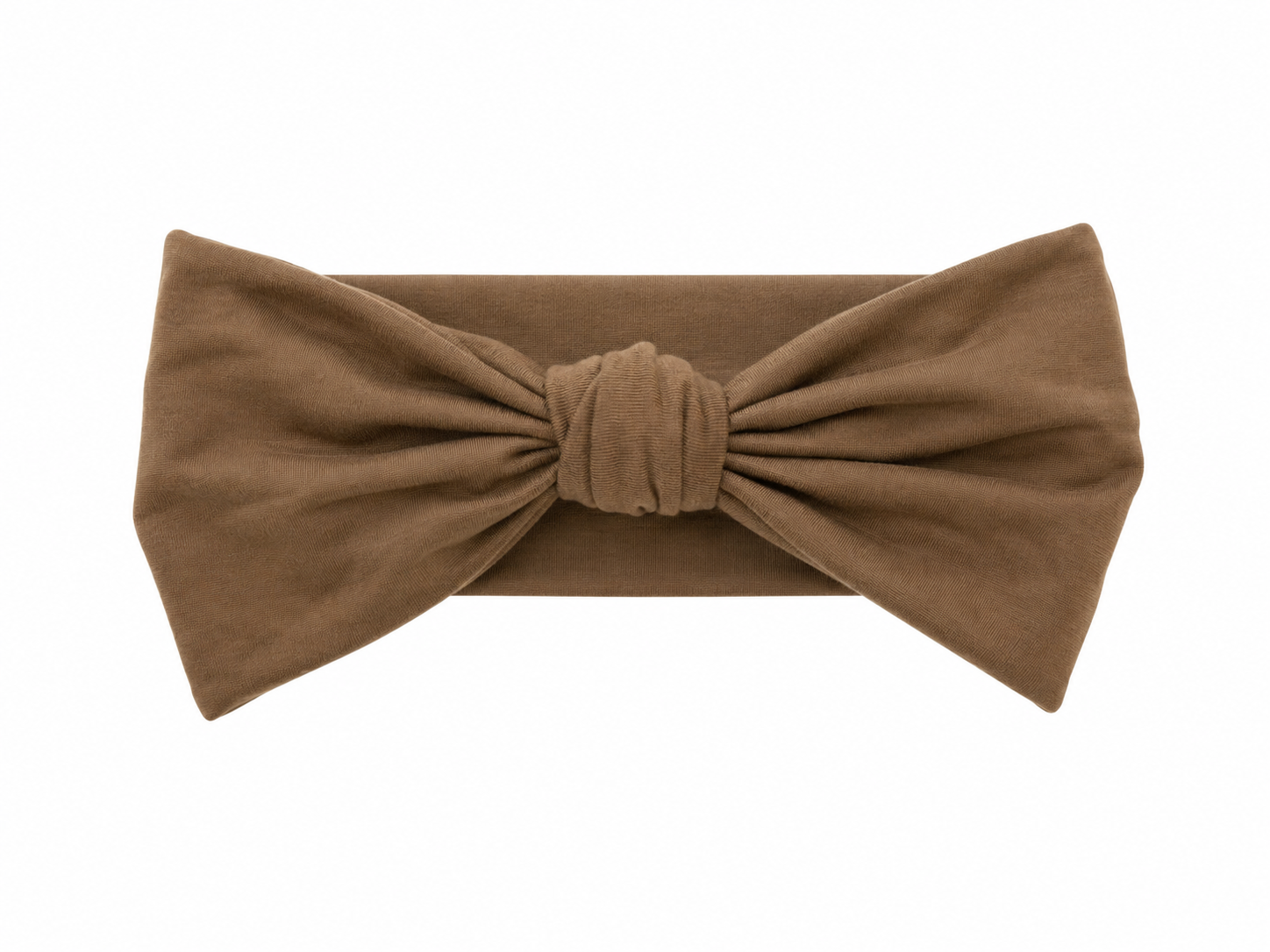 Sprout & Fawn bamboo bow headband in sandstone, featuring a soft fabric bow on a stretchy headband for baby or toddler.
