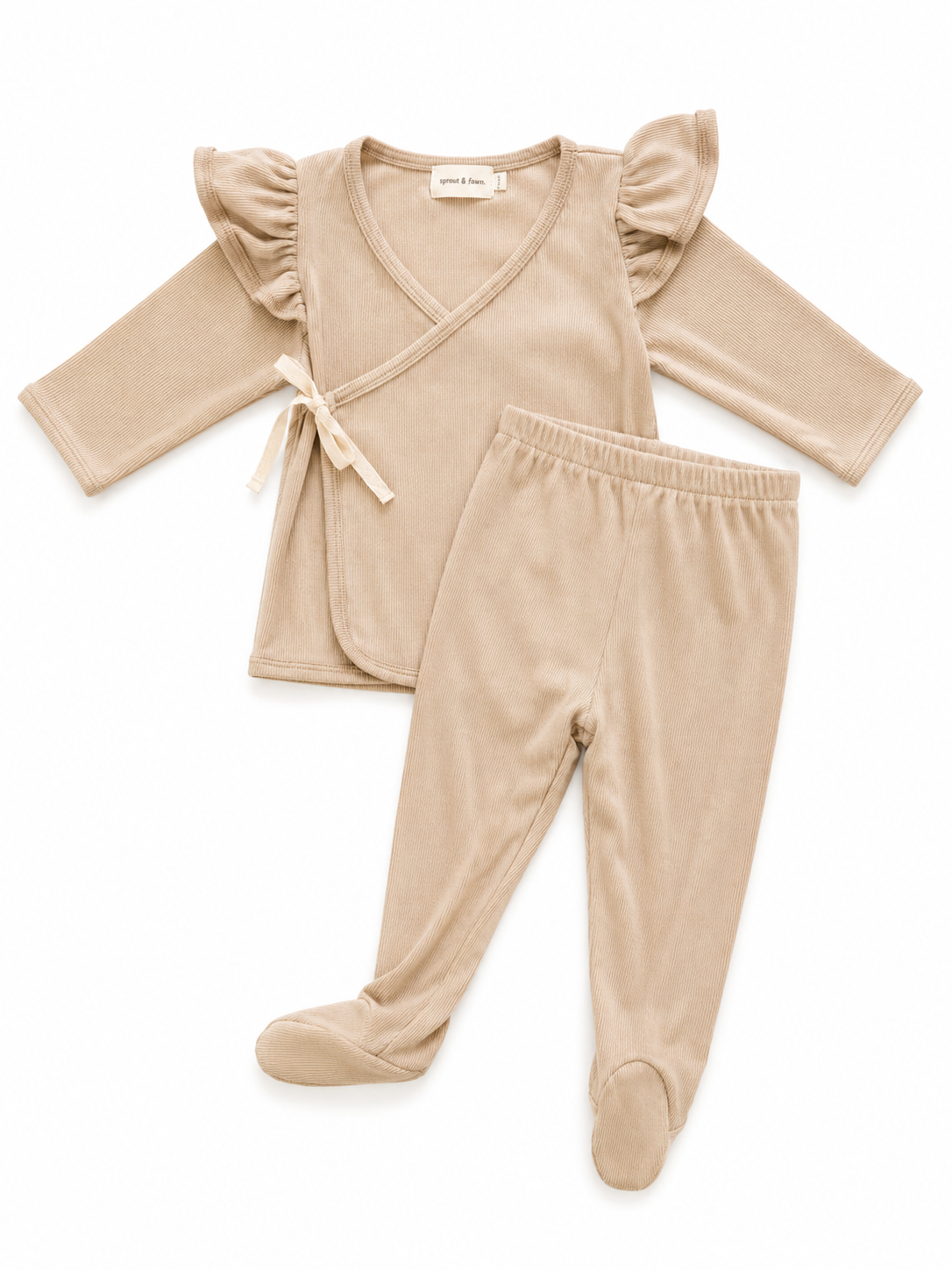 Sprout & Fawn Willow Wrap Set showing soft, cozy fabric in neutral tones with tie closures and delicate detailing.
